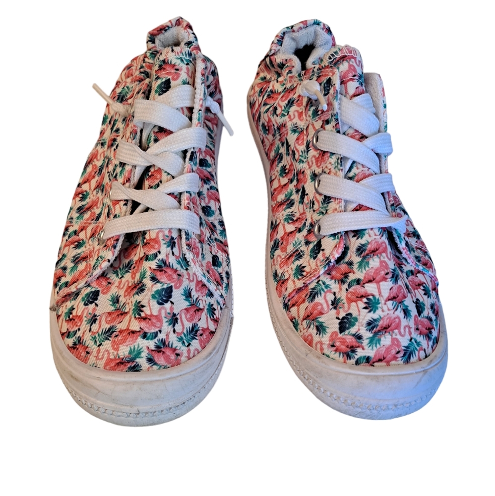 White slip on sneakers with pink flamingos
